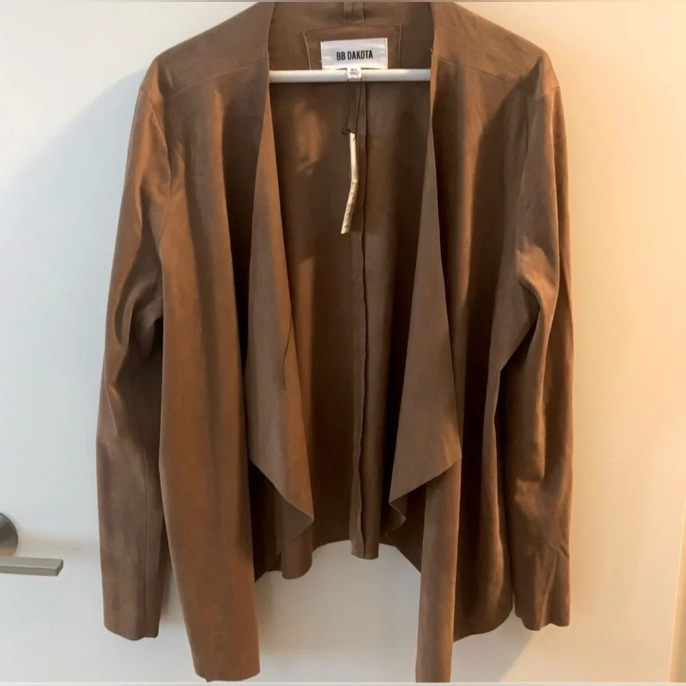 BB Dakota Brown Suede-Look Draped Open Front Jacket - Picture 2 of 7